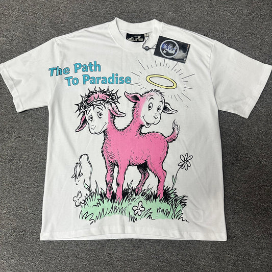 Hellstar Paradise Lambs graphic T-shirt in white front view with two-headed pink lamb artwork