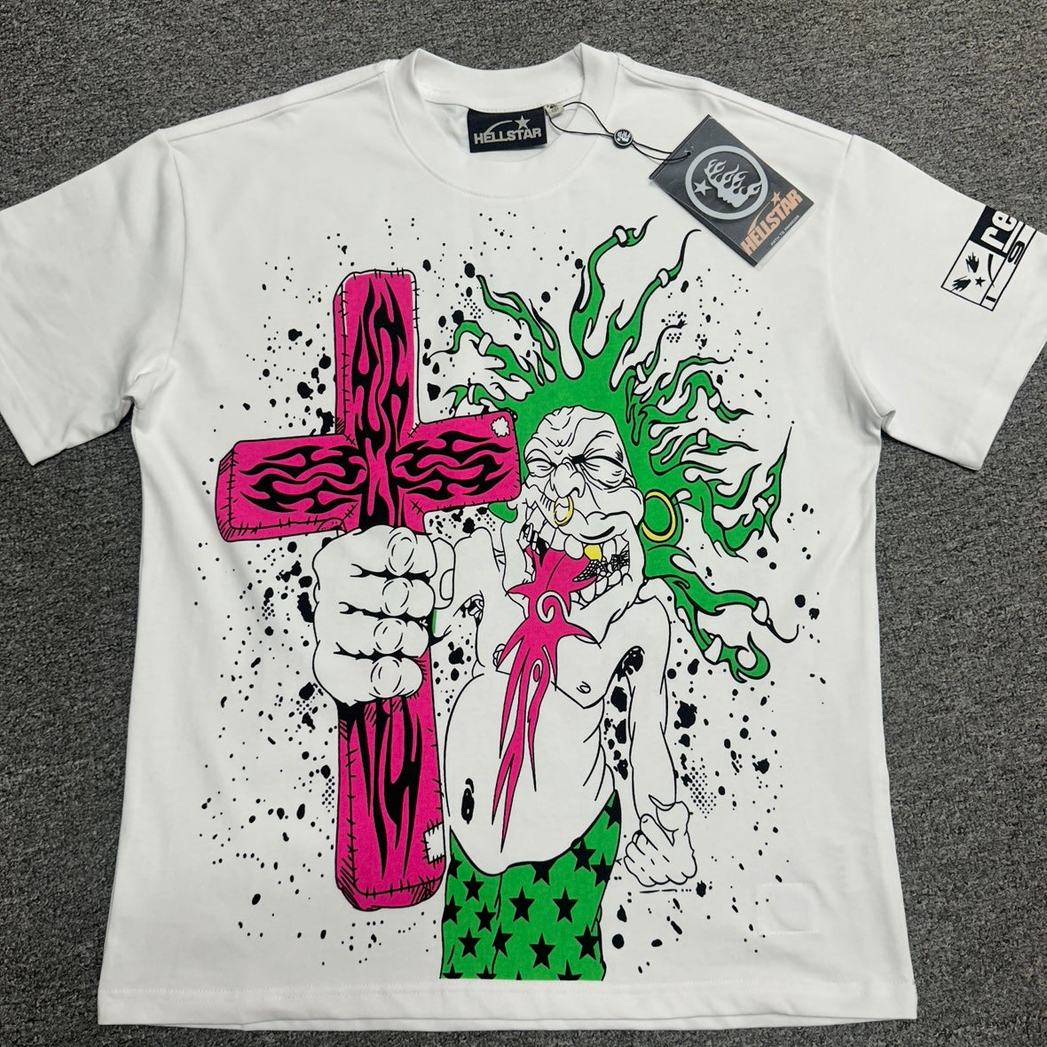 Hellstar Online graphic T-shirt in white front view with pink cross and green flame artwork