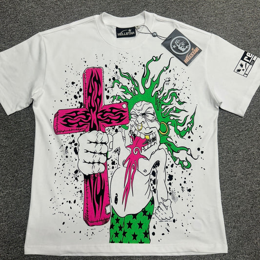 Hellstar Online graphic T-shirt in white front view with pink cross and green flame artwork