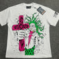 Hellstar Online graphic T-shirt in white front view with pink cross and green flame artwork