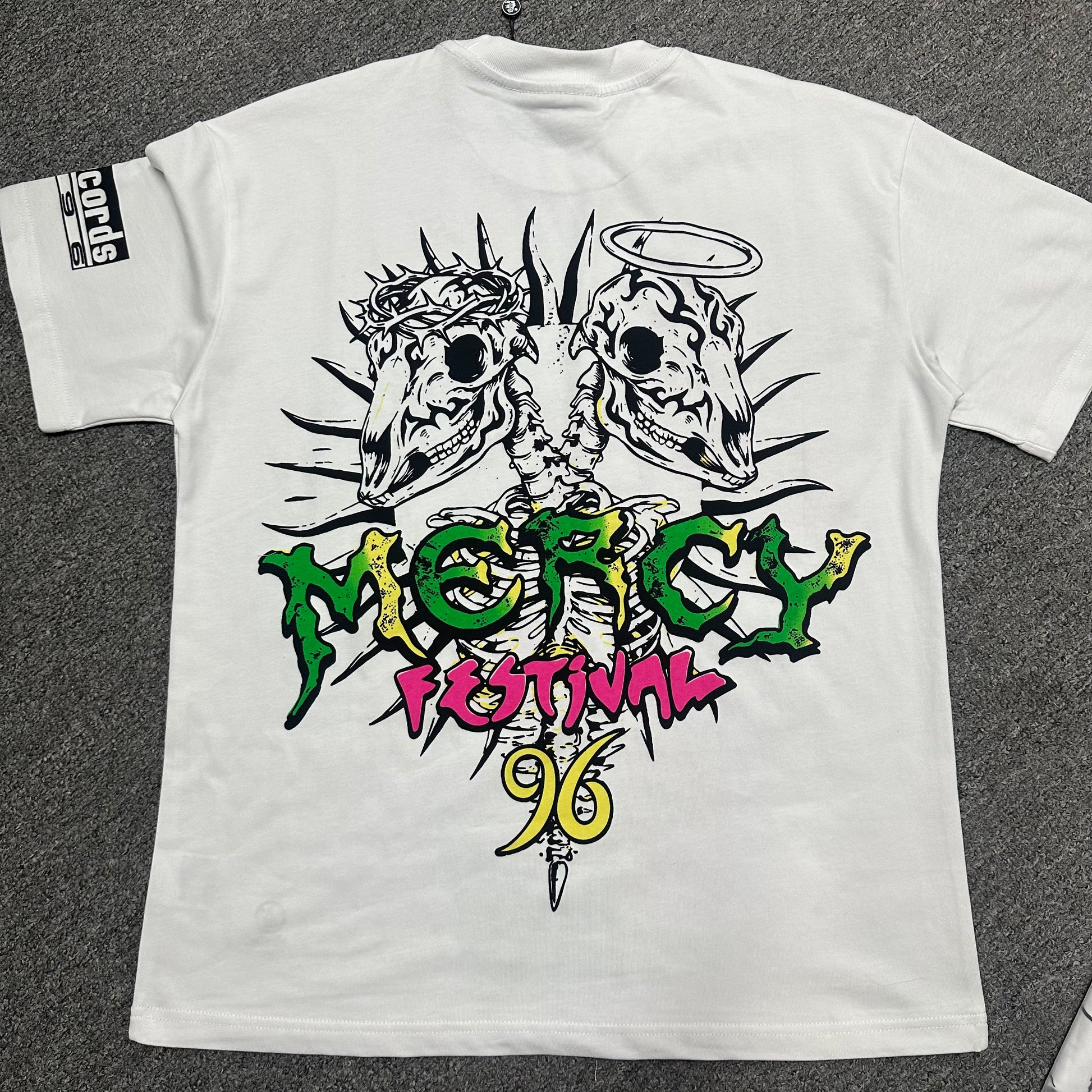 Hellstar Online white graphic T-shirt back view with large digital-themed artwork