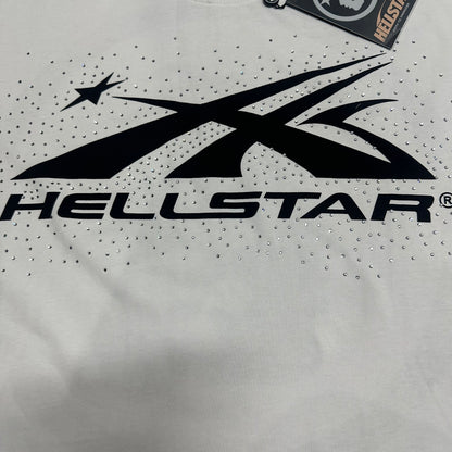 Full black Hellstar classic logo graphic on white rhinestone T-shirt
Full rhinestone decoration surrounding the Hellstar logo on white T-shirt
Detailed crystal placement around the Hellstar logo graphic
Black Hellstar classic logo graphic detail on white T-shirt