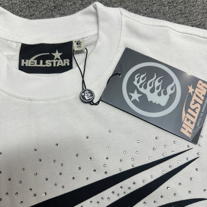 Crew neck collar and stitching on Hellstar white rhinestone T-shirt
Hellstar woven neck label inside Classic Rhinestone white T-shirt
Hellstar size label detail inside white rhinestone graphic T-shirt
Hellstar branded hangtag attached to Classic Rhinestone white T-shirt