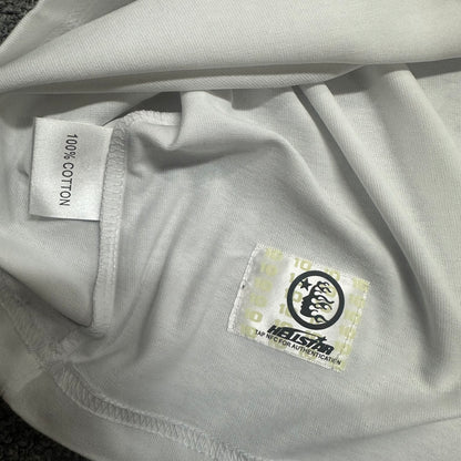 Hellstar wash care label inside Classic Rhinestone Logo T-shirt
NFC tag detail on Hellstar Classic Rhinestone white T-shirt