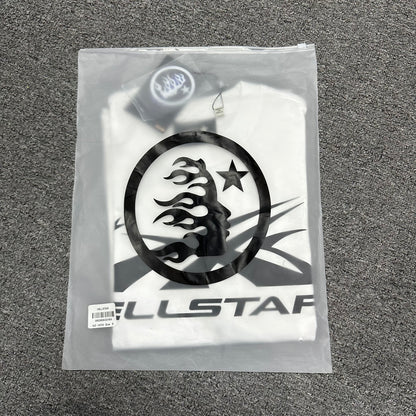 Hellstar Classic white T-shirt folded inside an individual zip packaging bag
Wholesale-ready Hellstar Classic T-shirt with labels hangtag and packaging