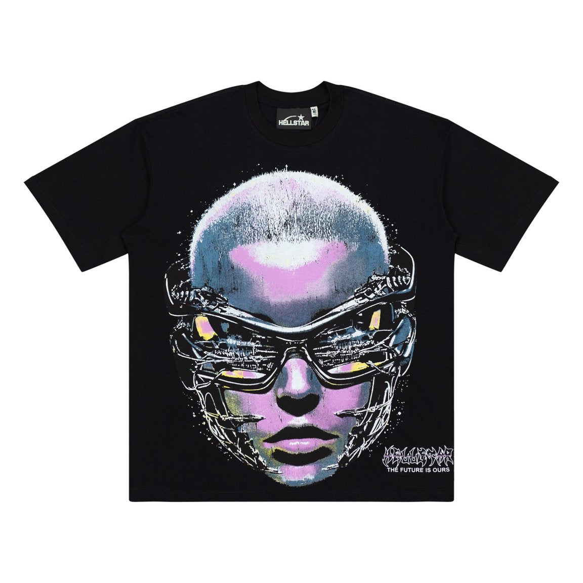 Hellstar Goggle T-shirt in black front view with blue and pink futuristic face graphic