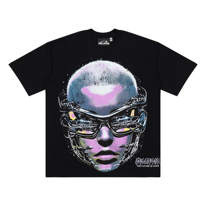 Hellstar Goggle T-shirt in black front view with blue and pink futuristic face graphic