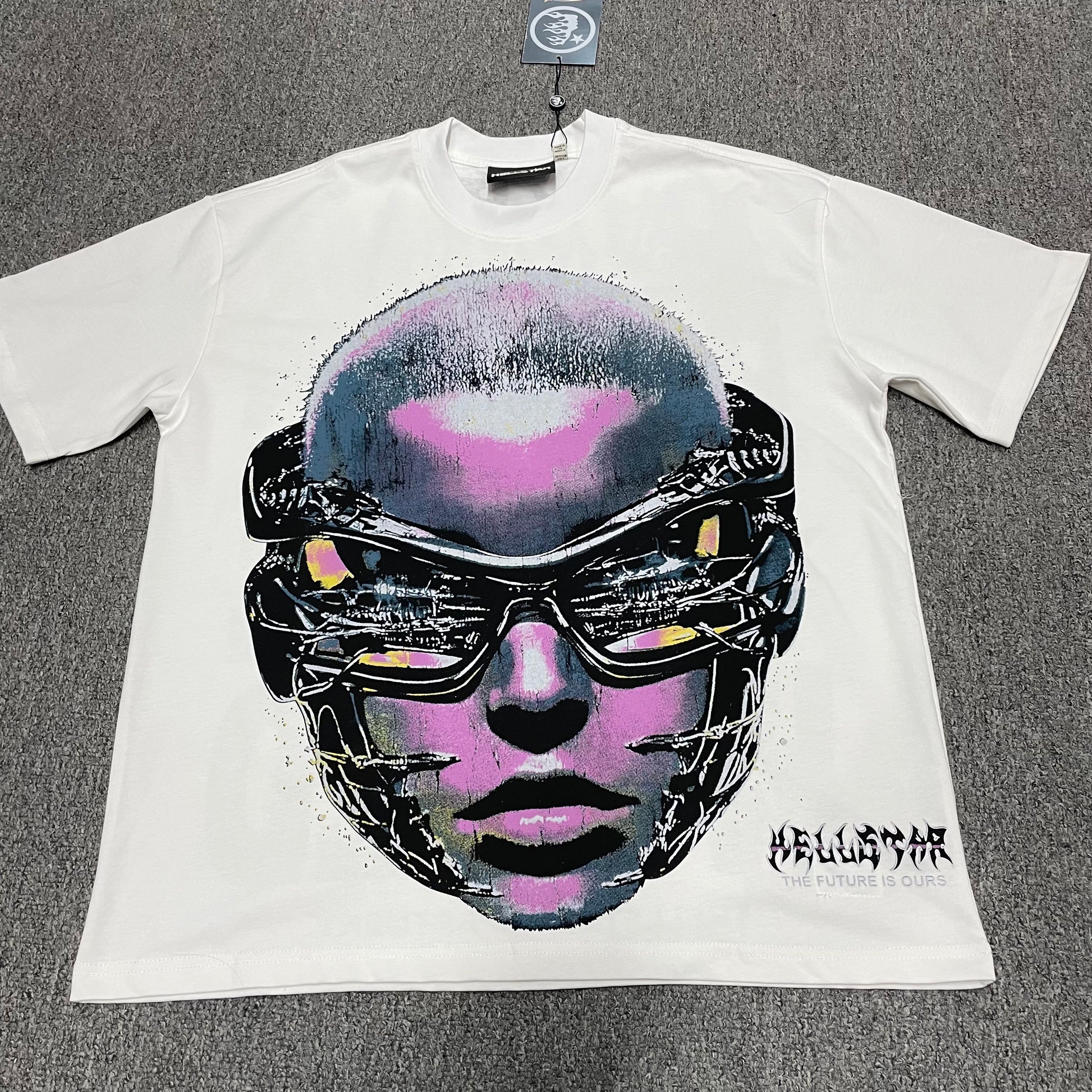 Hellstar Goggles graphic T-shirt in white front view with futuristic face artwork
