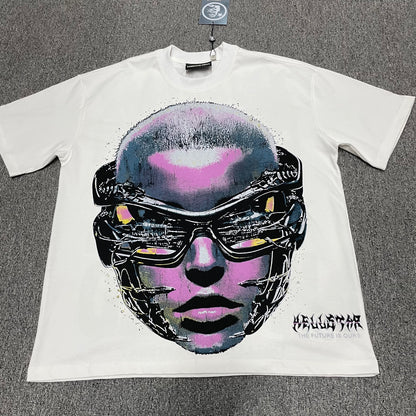 Hellstar Goggles graphic T-shirt in white front view with futuristic face artwork
