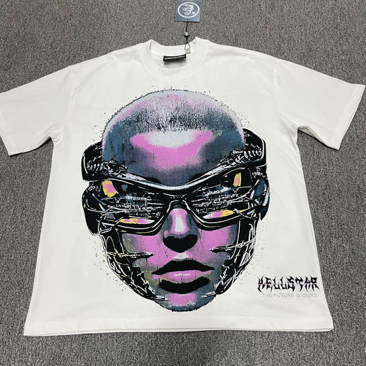 Hellstar Goggles graphic T-shirt in white front view with futuristic face artwork