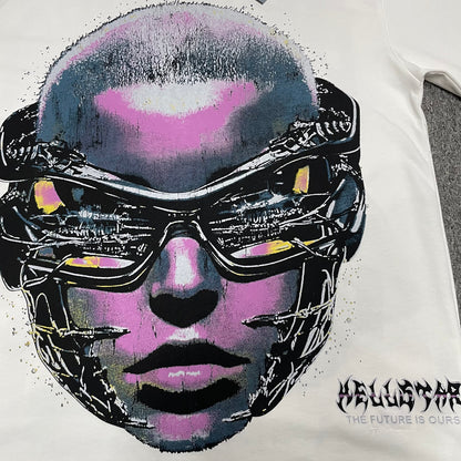 Full futuristic face and layered goggles graphic on Hellstar white T-shirt
Close-up of the futuristic goggles face print on Hellstar graphic T-shirt
Detailed pink blue yellow and black graphic print on Hellstar Goggles Tee
Layered futuristic goggles artwork detail on Hellstar graphic T-shirt
