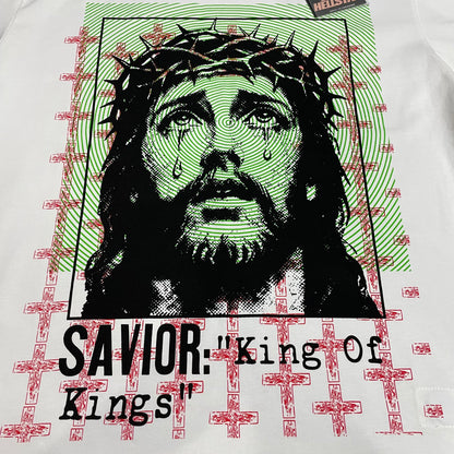 Full Savior King of Kings portrait graphic on Hellstar Jesus white T-shirt
Close-up of the crown-of-thorns portrait on Hellstar Jesus graphic T-shirt
Savior portrait graphic detail on Hellstar Jesus King of Kings T-shirt
Crown-of-thorns artwork detail on Hellstar Jesus white graphic T-shirt
Green spiral background print detail on Hellstar Jesus T-shirt