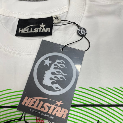 Crew neck collar and stitching detail on Hellstar Jesus white T-shirt
Hellstar woven neck label inside Jesus Savior white T-shirt
Hellstar size label detail inside Jesus white graphic T-shirt
Hellstar branded flame logo hangtag attached to Jesus white T-shirt
