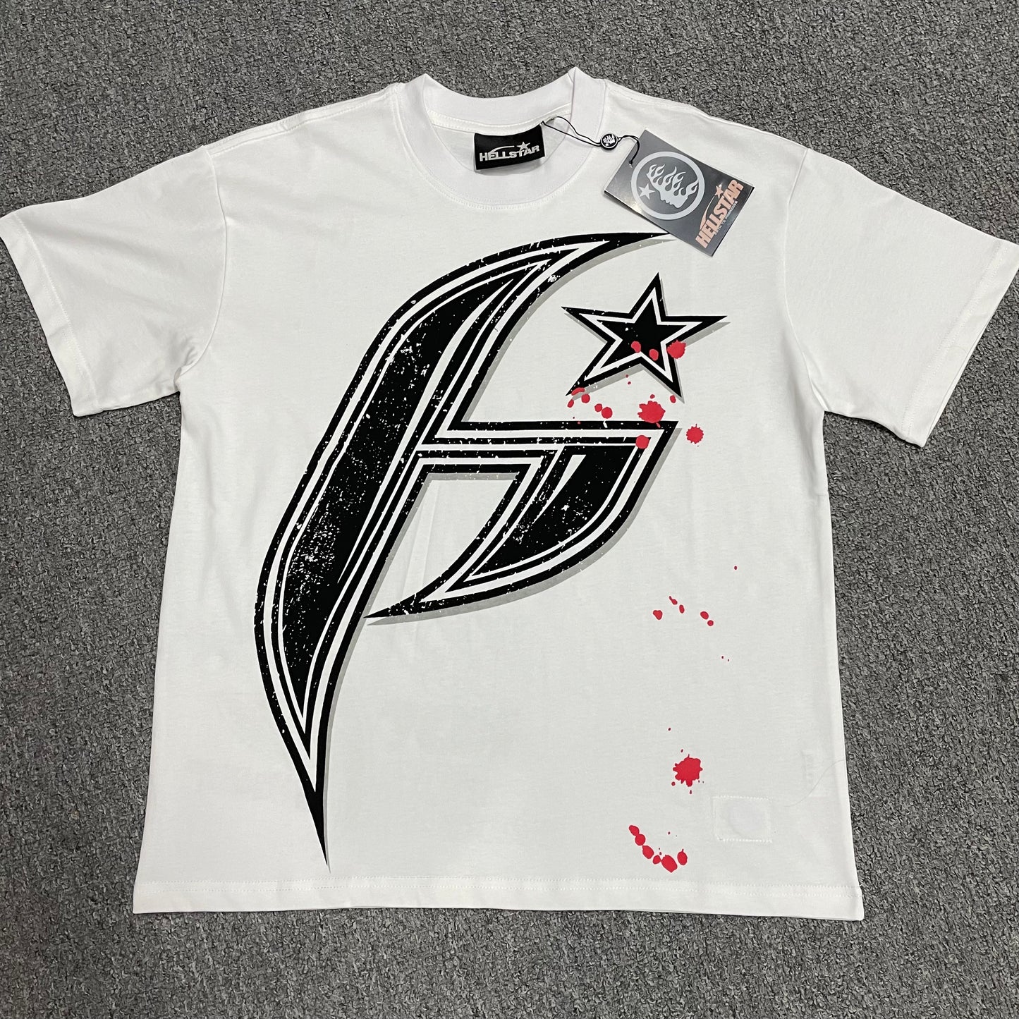 Full oversized black H Star graphic on Hellstar white T-shirt