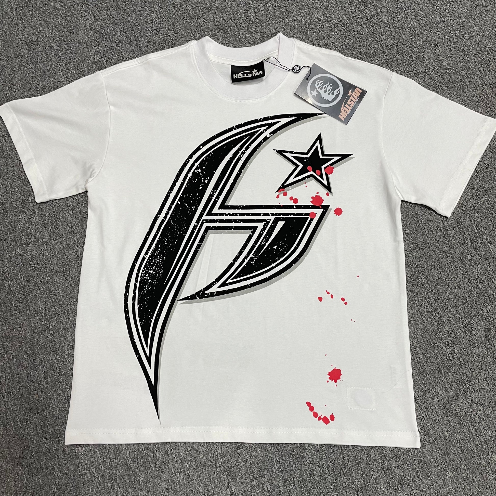 Full oversized black H Star graphic on Hellstar white T-shirt