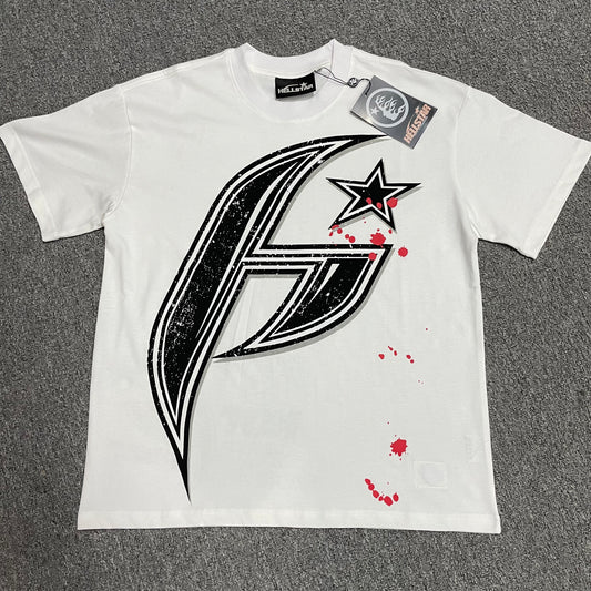 Full oversized black H Star graphic on Hellstar white T-shirt