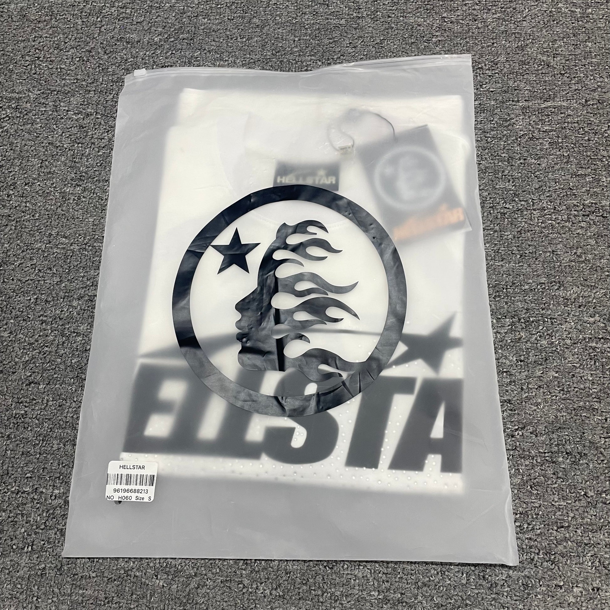 Hellstar Sports Core Rhinestone T-shirt inside individual zip packaging
Close-up of the individual packaging bag for Hellstar Sports Core T-shirt
Wholesale-ready Hellstar Sports Core T-shirt with labels hangtag and packaging