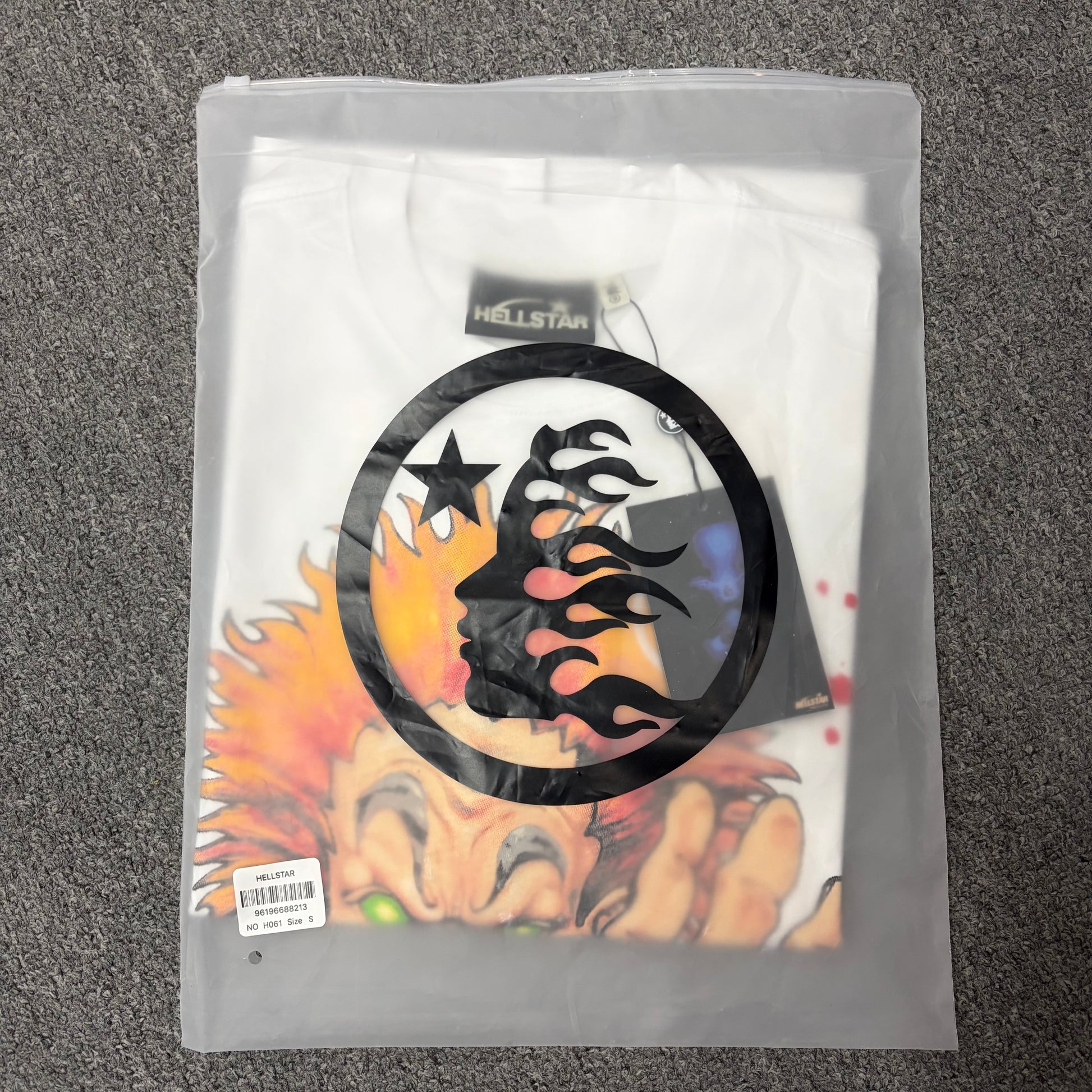 Wholesale-ready Hellstar Evil Eye T-shirt with labels hangtag and individual packaging
Hellstar Evil Eye white graphic T-shirt print labels and packaging detail video