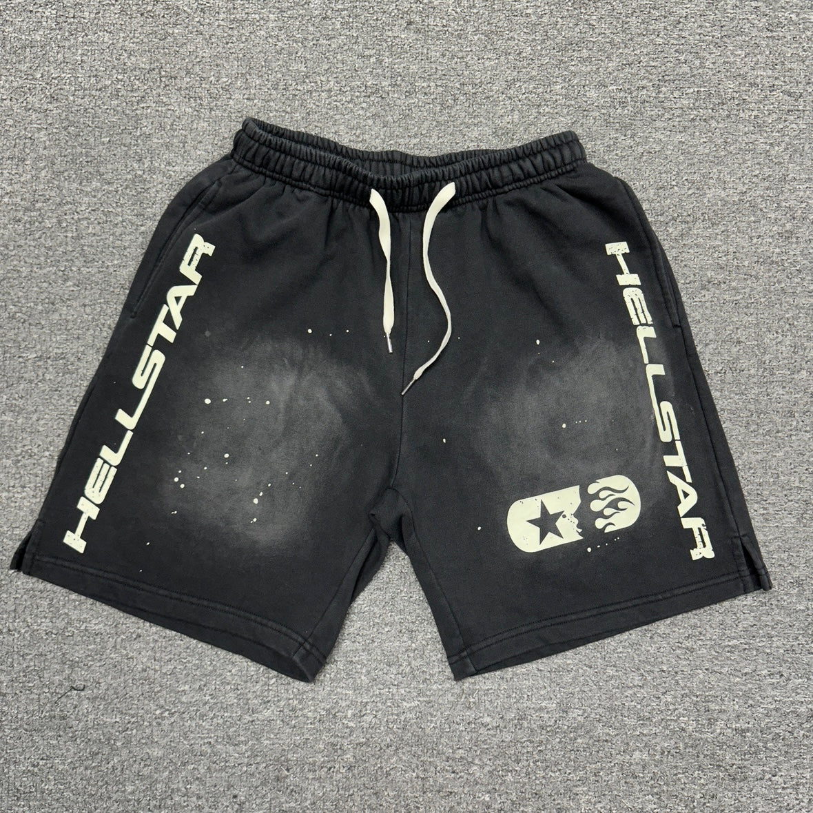 Hellstar Vertical Logo Flame Face washed black shorts front view