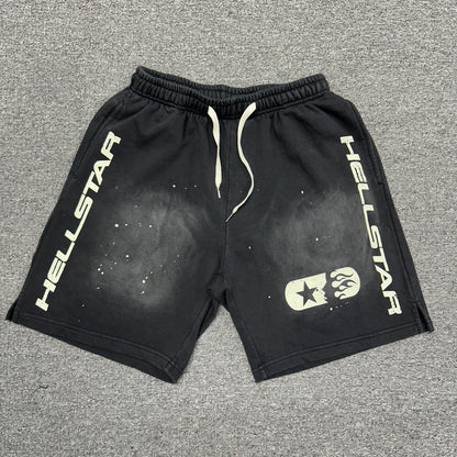 Hellstar Vertical Logo Flame Face washed black shorts front view