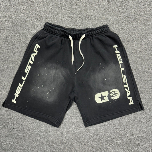 Hellstar Vertical Logo Flame Face washed black shorts front view