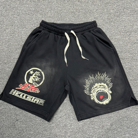 Hellstar Records vintage black graphic sweatshorts front view