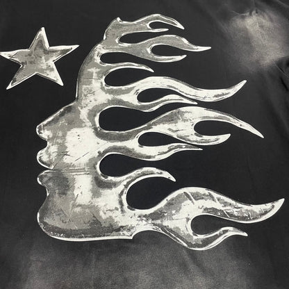 Full rear graphic artwork on Hellstar Chrome Logo black T-shirt
Close-up of the back graphic on Hellstar Chrome Logo T-shirt
Detailed rear screen-print artwork on Hellstar washed black T-shirt