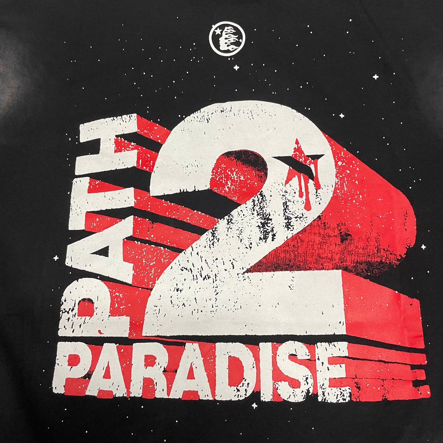 Full back graphic on Hellstar UFO Attacks Planet washed black T-shirt
Close-up of the rear graphic on Hellstar Attacks Planet T-shirt