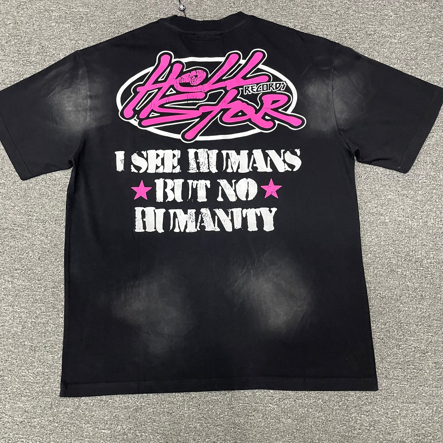 Hellstar No Humanity washed black T-shirt back view with graphic artwork