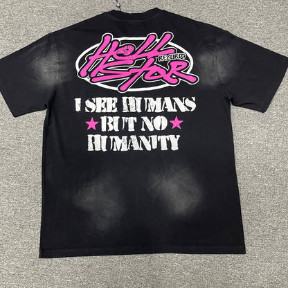 Hellstar No Humanity washed black T-shirt back view with graphic artwork