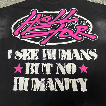 Pink and white high-contrast print detail on Hellstar washed black T-shirt
Full back graphic on Hellstar I See Humans But No Humanity T-shirt
Close-up of the rear artwork on Hellstar No Humanity graphic T-shirt