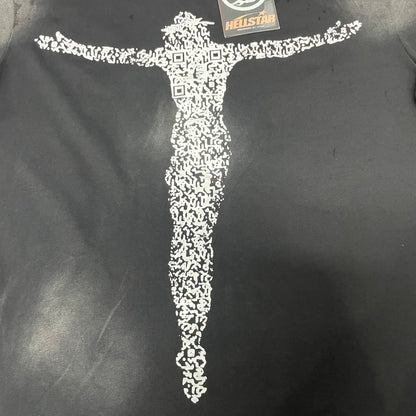 Full white QR-code Christ silhouette on Hellstar washed black T-shirt
Close-up of the QR Christ front graphic on Hellstar black T-shirt
Detailed white code-pattern print on Hellstar QR Christ T-shirt
Outstretched Christ figure graphic on Hellstar QR Code black T-shirt
QR-code square details within the Hellstar Christ silhouette graphic