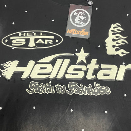 Full cream multi-logo graphic on Hellstar Death to Paradise black T-shirt
Close-up of the Death to Paradise front graphic on Hellstar black T-shirt
Detailed cream logo and flame artwork on Hellstar Death to Paradise T-shirt
Large cream Hellstar logo across the Death to Paradise black T-shirt
Death to Paradise lettering below the Hellstar logo on black T-shirt