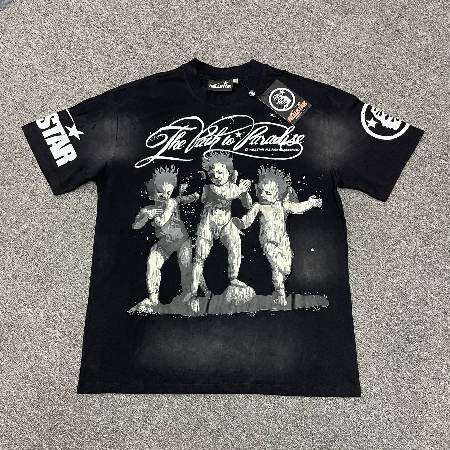 Hellstar The Path to Paradise cherub graphic T-shirt in washed black front view