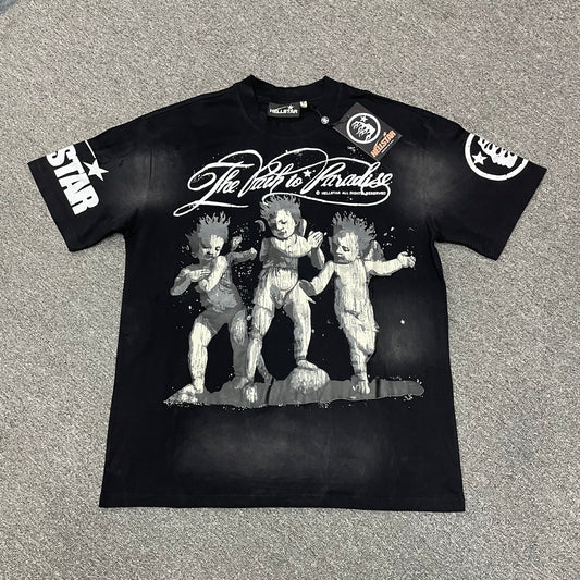 Hellstar The Path to Paradise cherub graphic T-shirt in washed black front view
