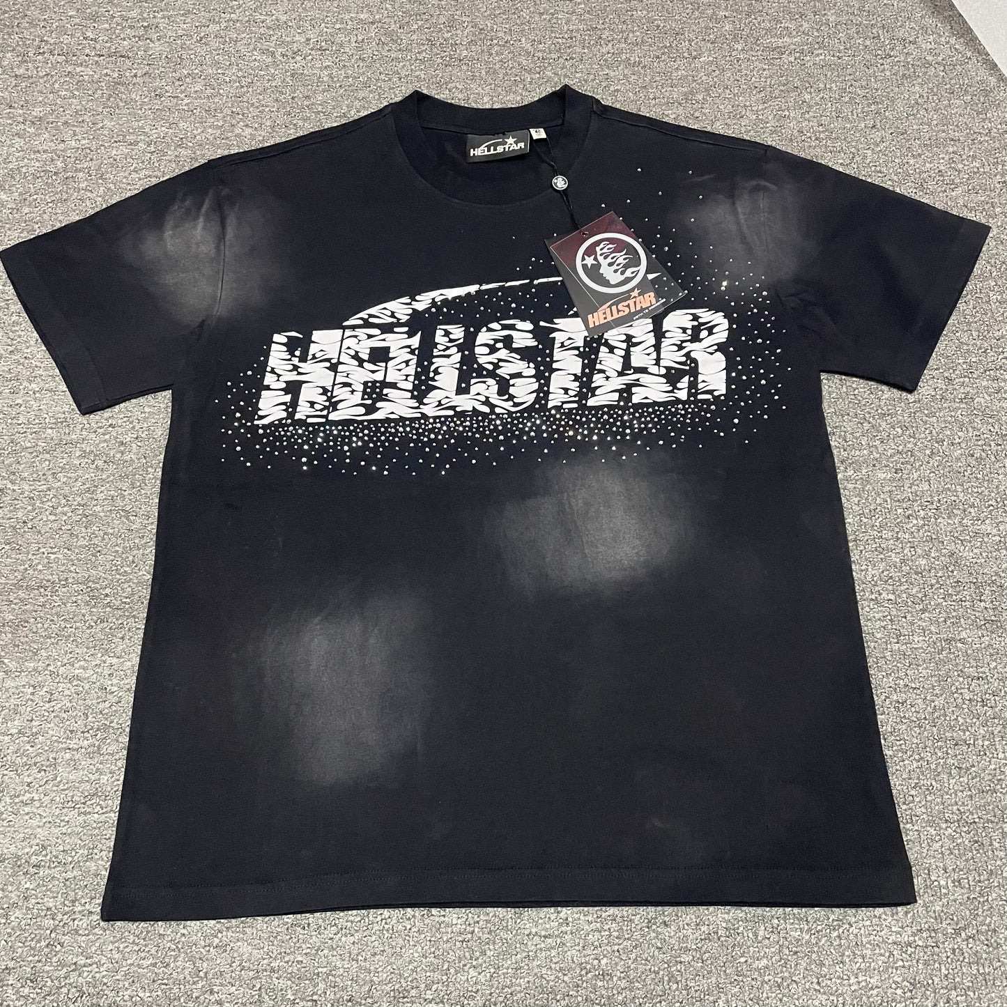 Hellstar Classic Rhinestone Logo washed black T-shirt front view