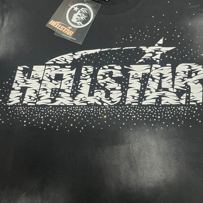 Full Hellstar rhinestone logo graphic on washed black T-shirt
Detailed view of reflective rhinestones and distressed Hellstar logo texture