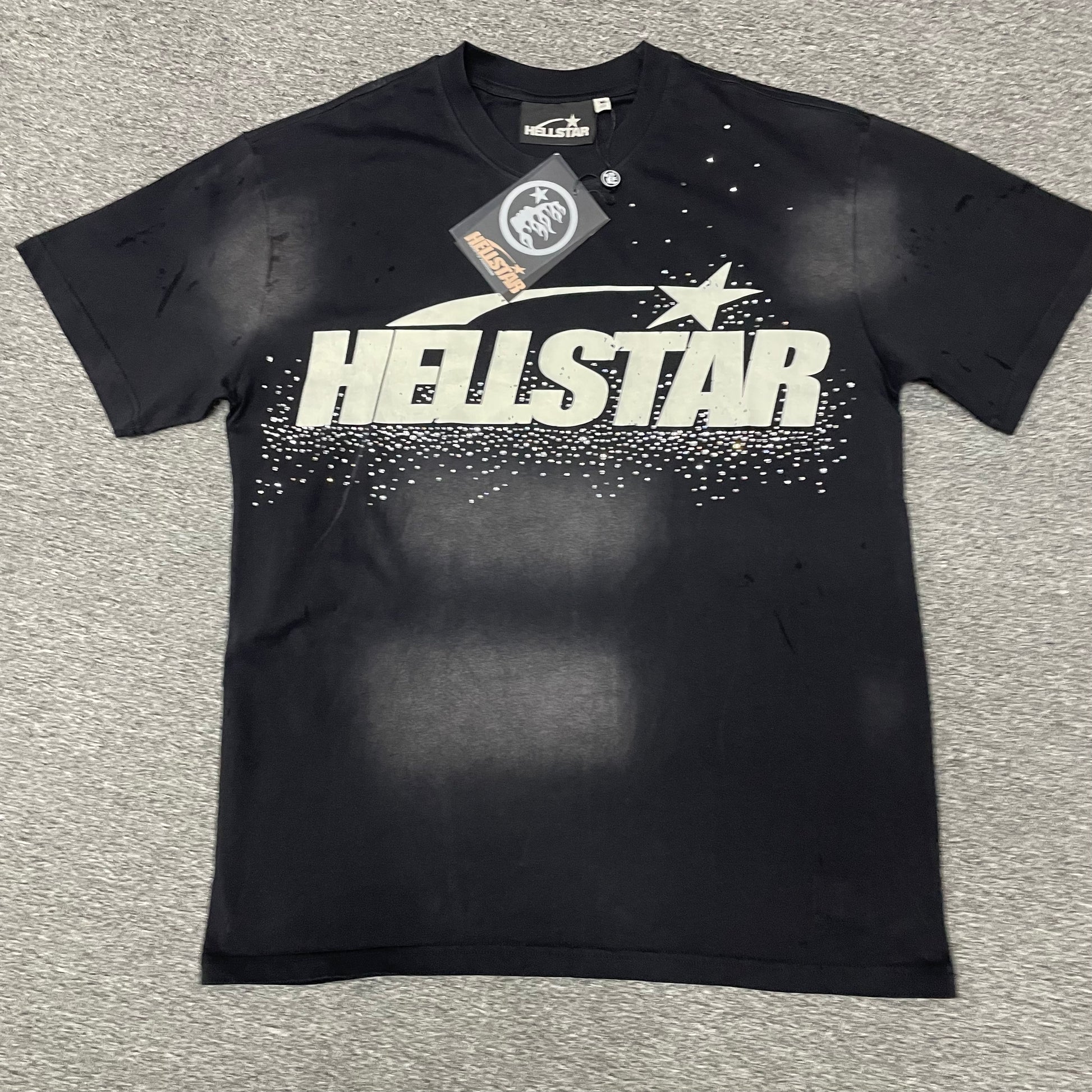 Hellstar Classic Logo rhinestone distressed T-shirt in washed black front view