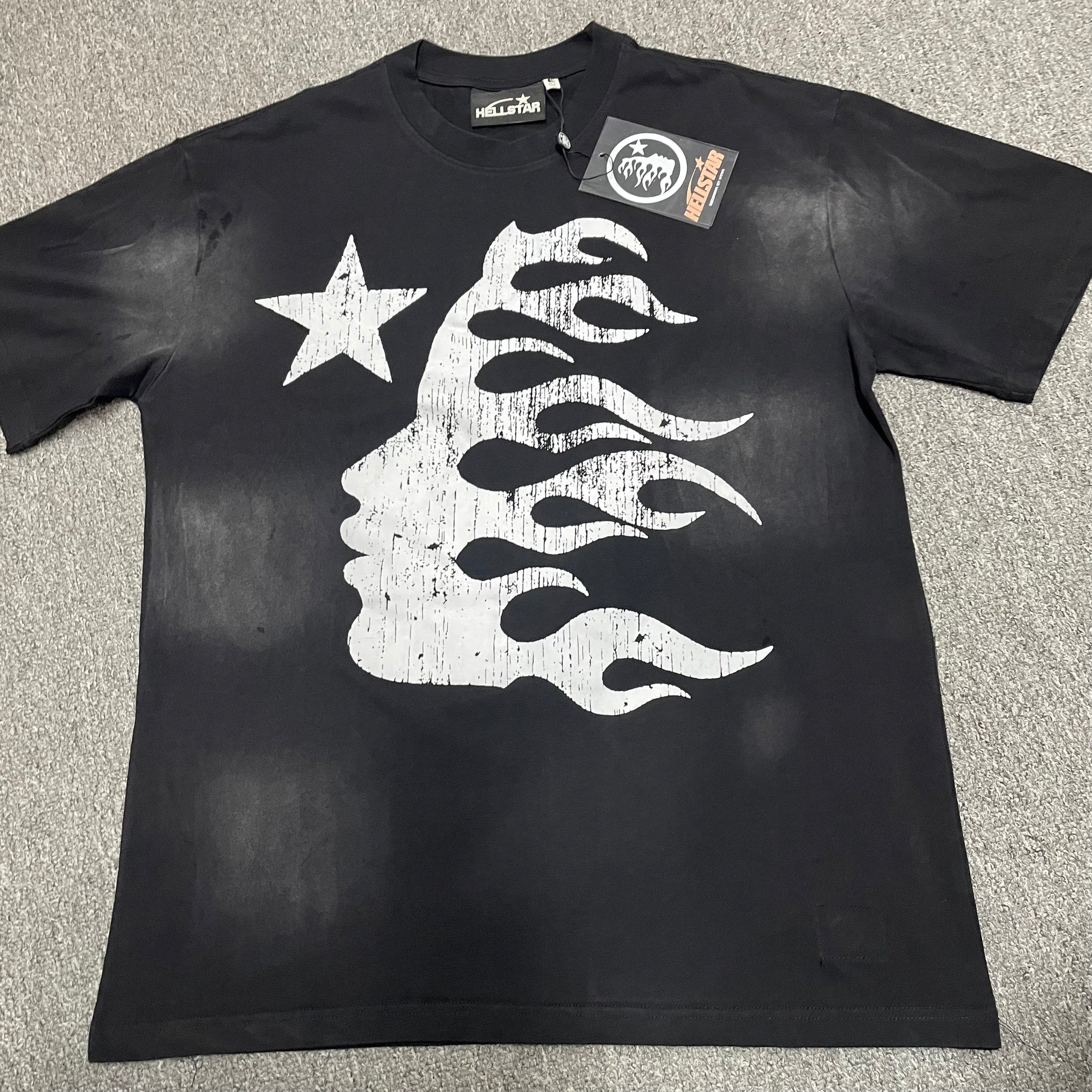 Hellstar Flame Face Logo washed black T-shirt front view