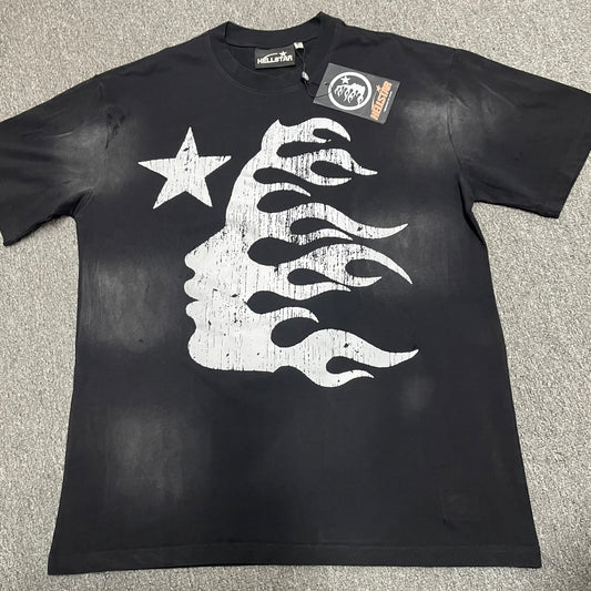 Hellstar Flame Face Logo washed black T-shirt front view