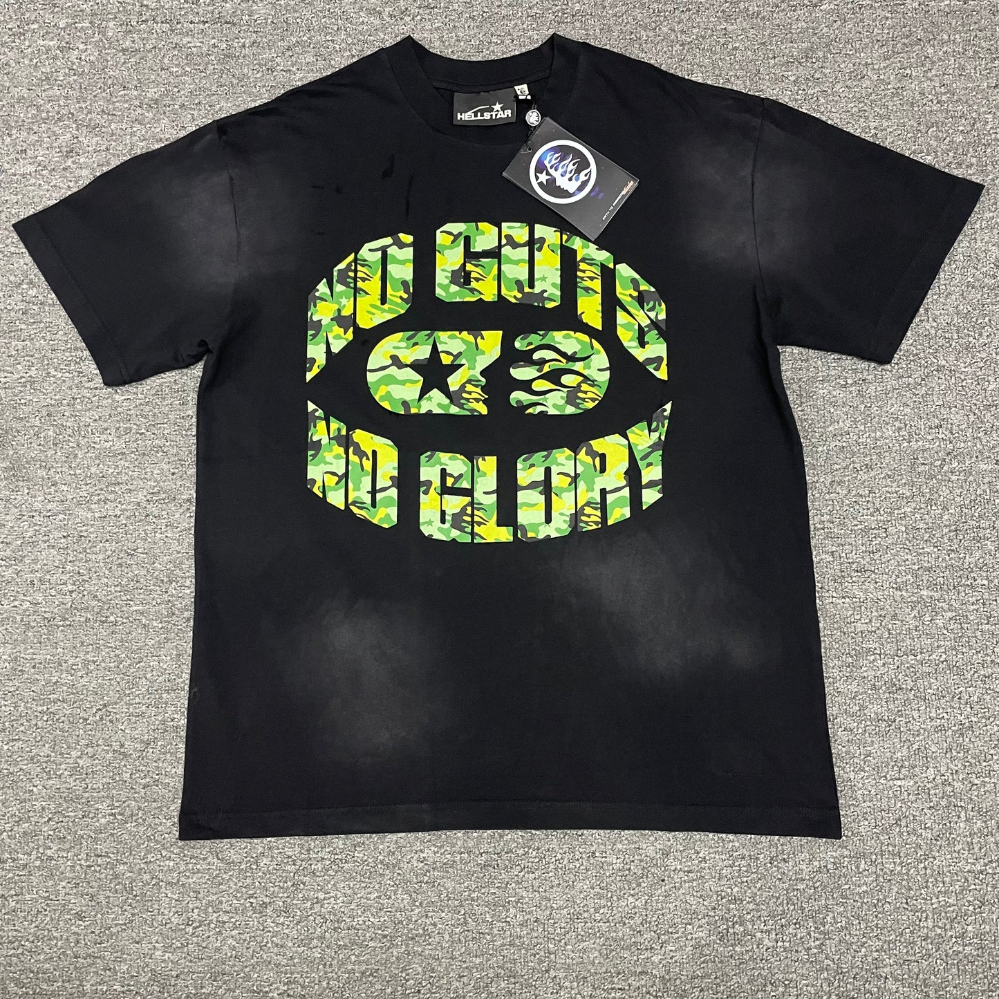 Hellstar No Guts No Glory green camo washed black T-shirt front view