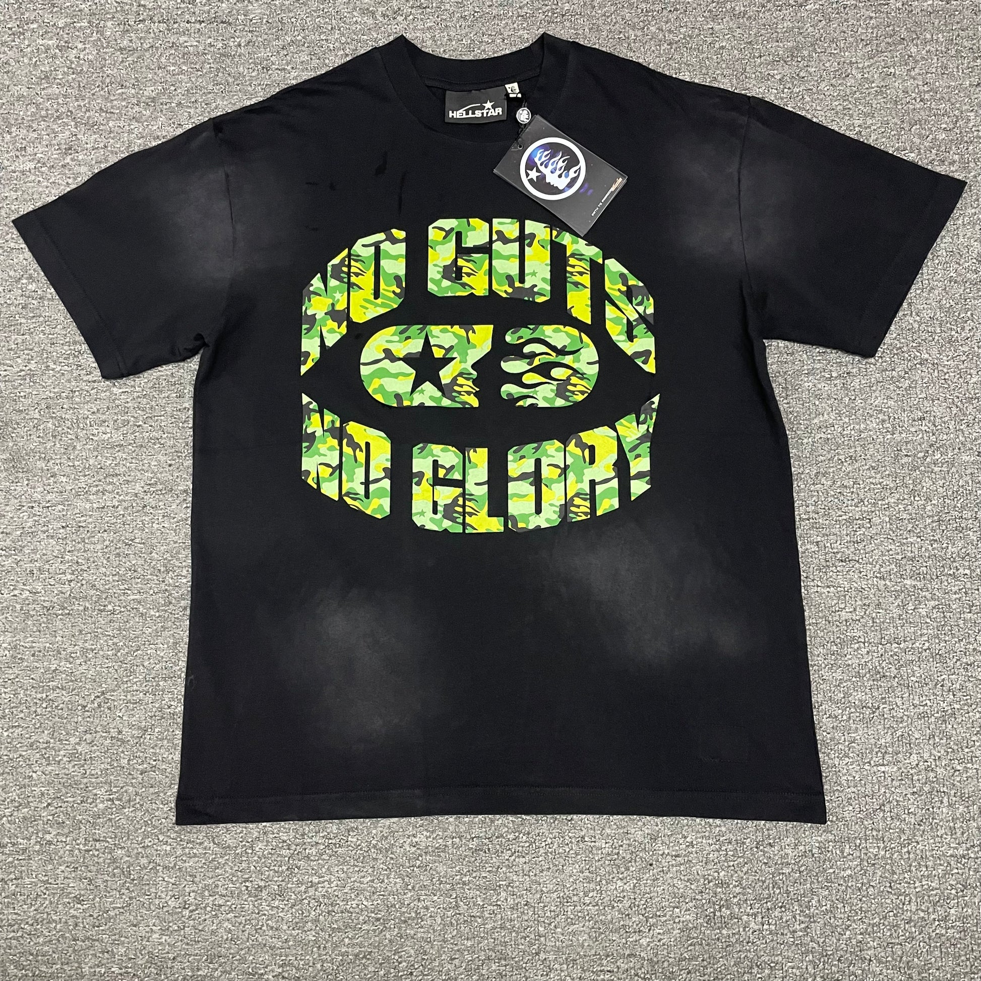 Hellstar No Guts No Glory green camo washed black T-shirt front view