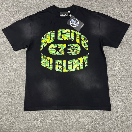 Hellstar No Guts No Glory green camo washed black T-shirt front view
