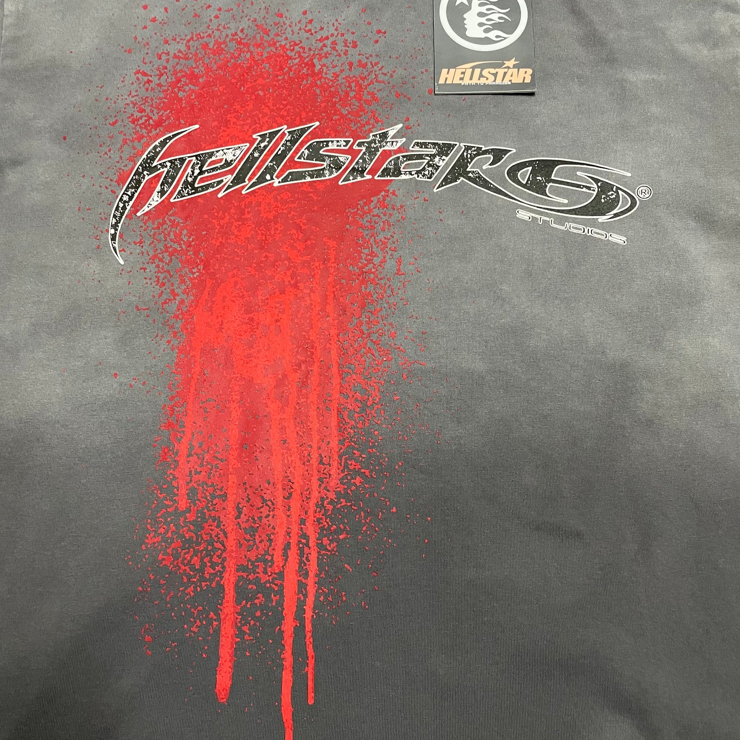 Full front Hellstar Studios logo with red spray-paint graphic on washed grey T-shirt
Hellstar Studios graphic with distressed lettering and red spray-paint drip effect
Detailed view of distressed Hellstar lettering and red paint splatter texture
