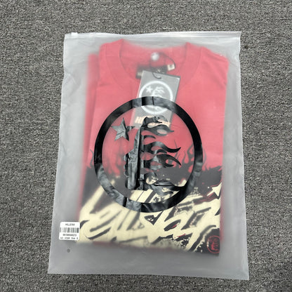 Hellstar Records washed red T-shirt inside branded zip packaging