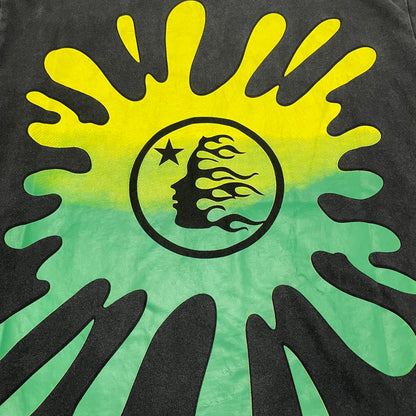 Yellow starburst with Hellstar flame-face logo beside the Santa graphic
Detailed view of distressed print texture on Hellstar Santa Graphic T-shirt
Vintage washed black finish on Hellstar Santa Graphic T-shirt