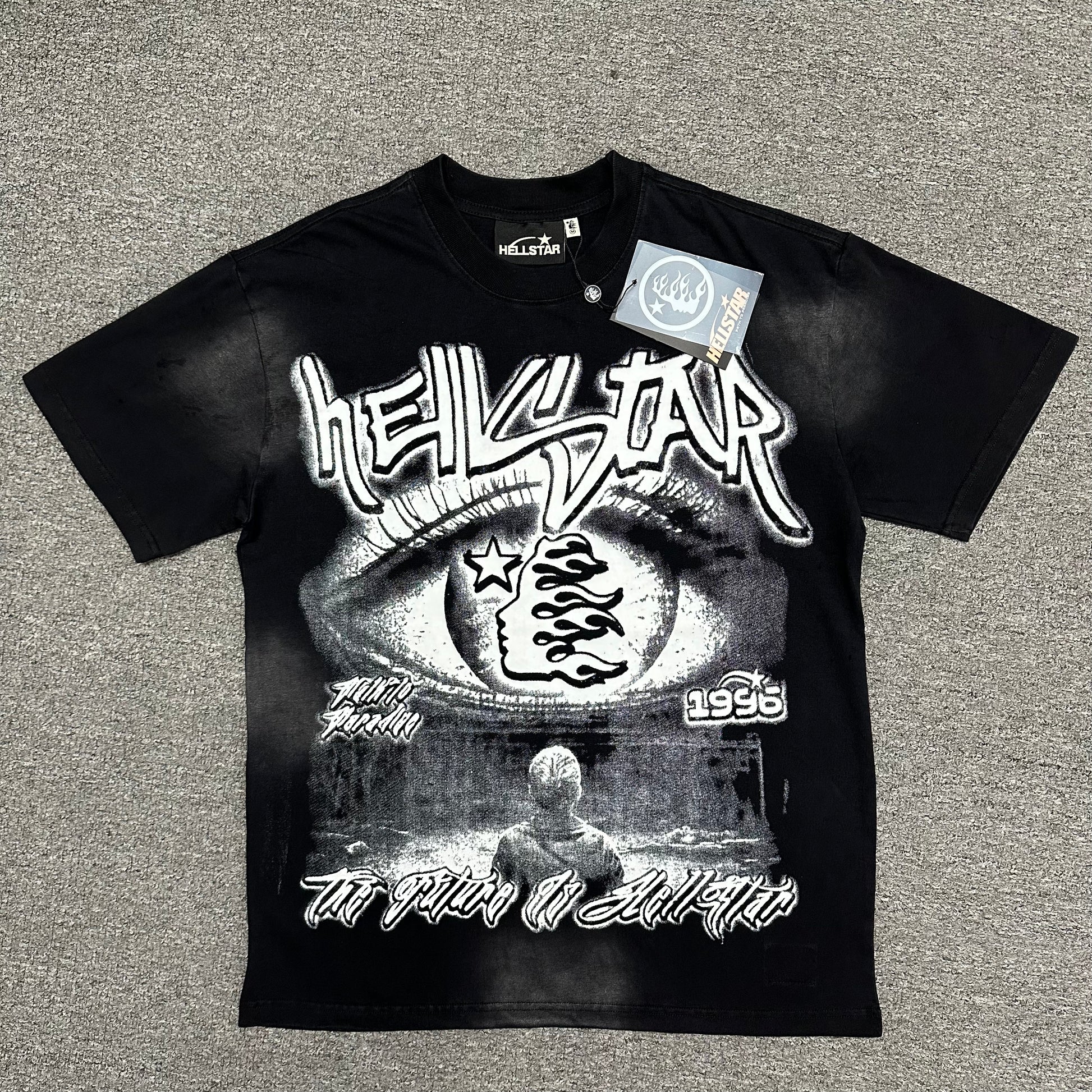 Hellstar Eyeball graphic washed black T-shirt front view
