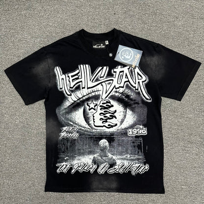 Hellstar Eyeball graphic washed black T-shirt front view