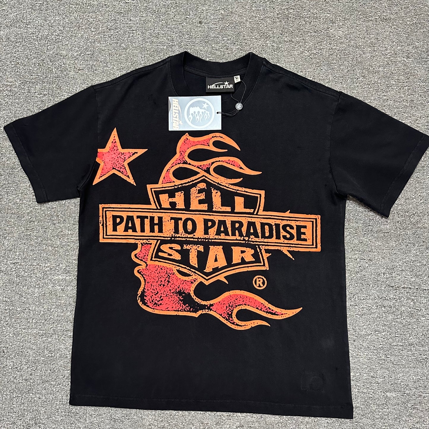 Hellstar Path To Paradise flame graphic washed black T-shirt front view