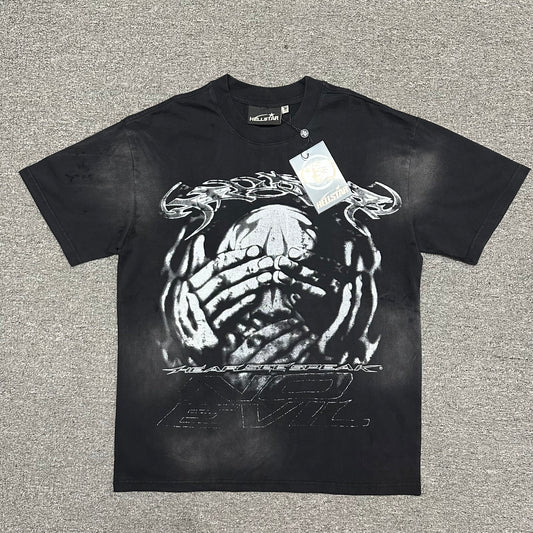 Hellstar No Evil graphic washed black T-shirt front view